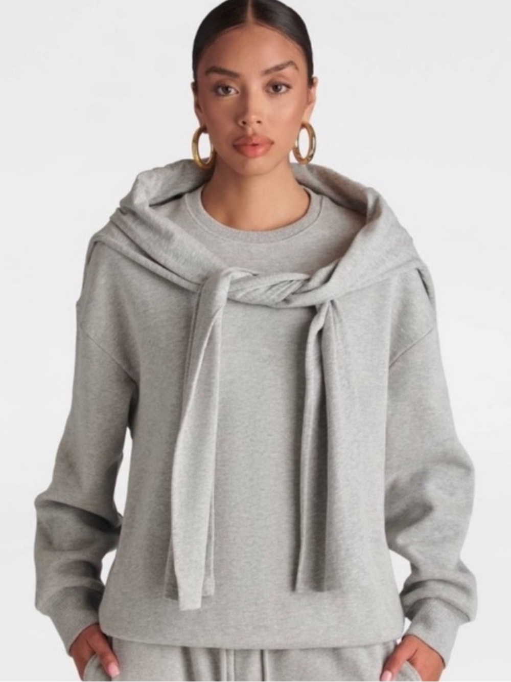 KBB Women's Gray Crewneck Sweatshirt with Attached Shawl
